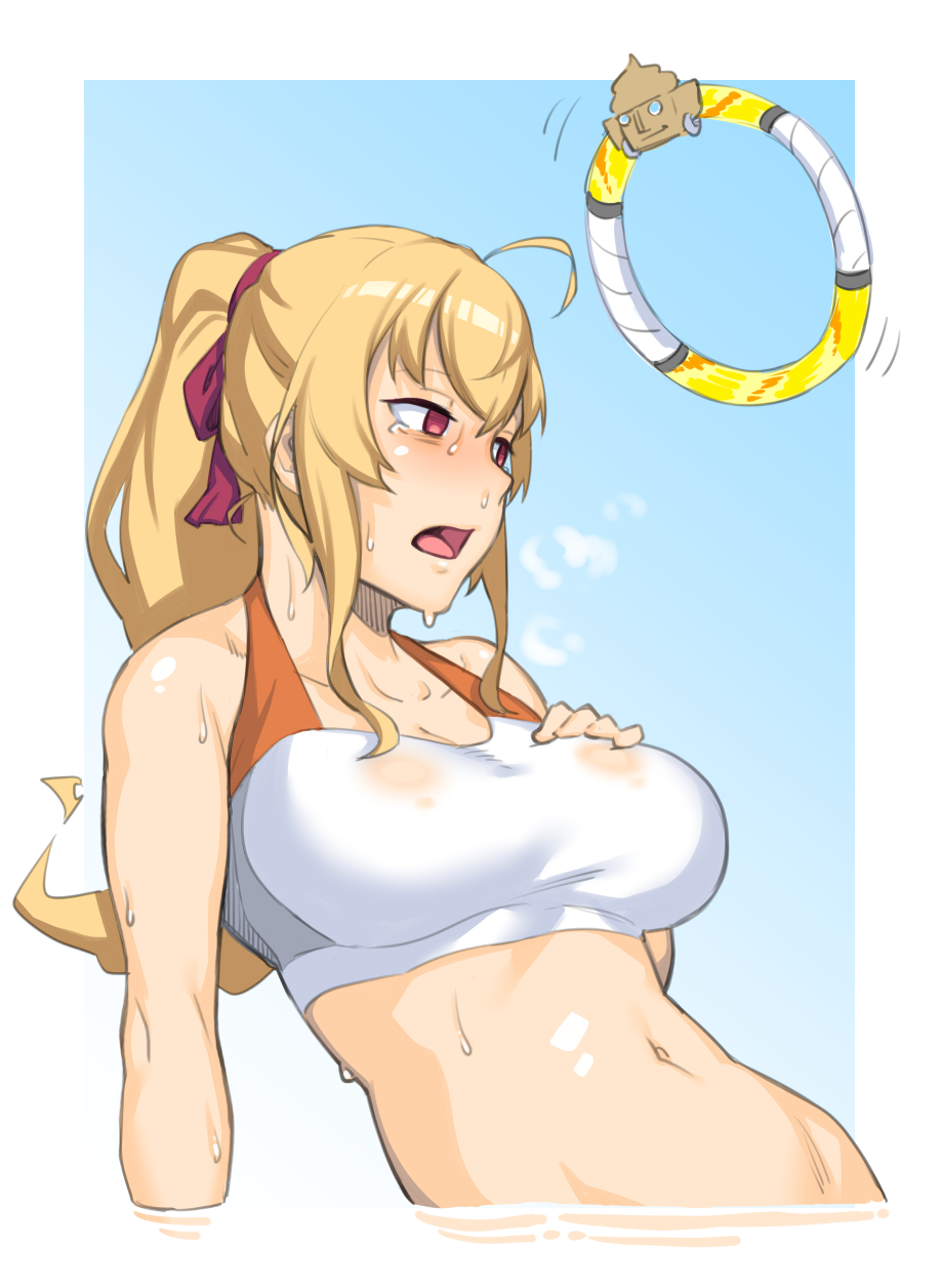 1girl ahoge blonde_hair blue_background blush border breast_suppress breasts copyright_request dyun empty_eyes hair_ribbon highres large_breasts navel open_mouth ponytail red_eyes red_ribbon ribbon ring-con ring_fit_adventure solo sports_bra tired upper_body white_border