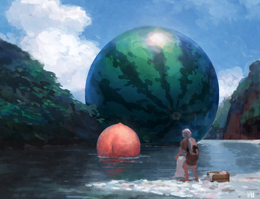 barefoot basin clouds commentary day floating floating_object fmu food forest from_behind fruit grey_hair holding holding_clothes leaning_forward long_hair low_ponytail momotarou nature outdoors oversized_food parody peach ponytail river washing watermelon