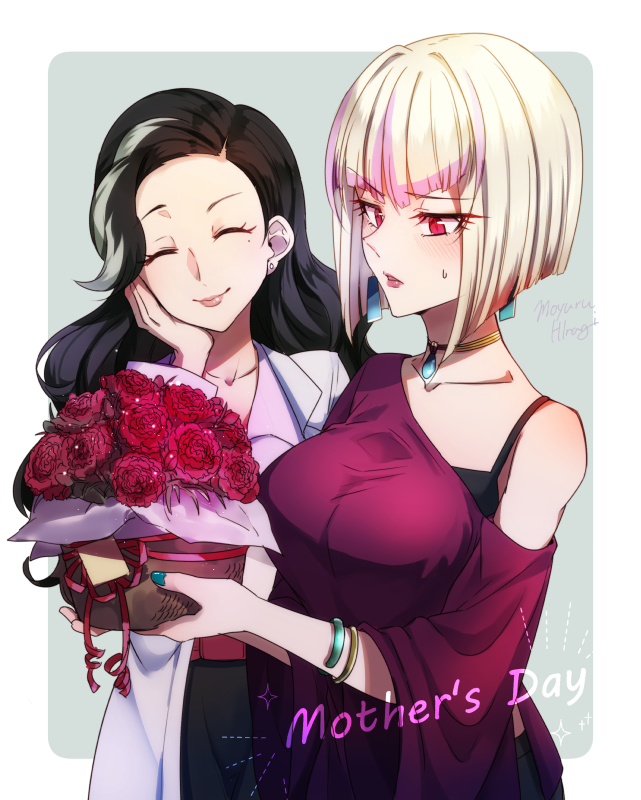 2girls ^_^ bangs black_hair blonde_hair blouse blush bouquet breasts closed_eyes coat collarbone eyebrows_visible_through_hair flower grey_hair hair_behind_ear hand_on_own_cheek hand_on_own_face holding holding_bouquet kurume_midori labcoat long_hair looking_down medium_breasts mole mole_under_eye moyurusun multicolored_hair multiple_girls off_shoulder purple_hair red_blouse red_eyes red_skirt shinkansen_henkei_robo_shinkalion short_hair skirt smile star_(symbol) streaked_hair suzaku_(shinkalion) sweat white_coat