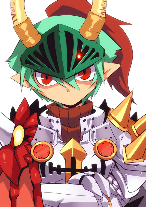 1boy armor bangs breastplate closed_mouth commentary_request crossed_arms emon-yu gauntlets green_hair hair_between_eyes horns looking_at_viewer male_focus pauldrons plume pointy_ears ragnarok_online red_eyes rune_knight_(ragnarok_online) short_hair shoulder_armor simple_background solo spiked_pauldrons upper_body visor_(armor) white_background