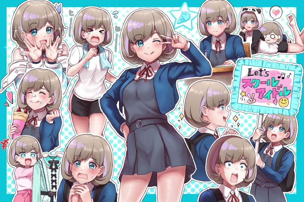 &gt;o&lt; 1girl ;p ^p^ animal_hood ayako_(gpdls0245) bangs blue_cardigan blue_eyes blush bob_cut cardigan cowboy_shot cream cream_on_face crying dress eating elbow_rest exercise eyebrows_visible_through_hair feet_up food food_on_face gym_shorts hands_clasped heart holding holding_clothes holding_dress holding_food holding_sign hood light_brown_hair love_live! love_live!_superstar!! lying multiple_views neck_ribbon nesoberi on_stomach one_eye_closed own_hands_together panda_hood pinafore_dress profile red_ribbon ribbon running school_uniform short_hair shorts sign sparkle streaming_tears surprised sweatdrop tang_keke tears tongue tongue_out towel towel_around_neck upper_body v v-shaped_eyebrows yuigaoka_school_uniform