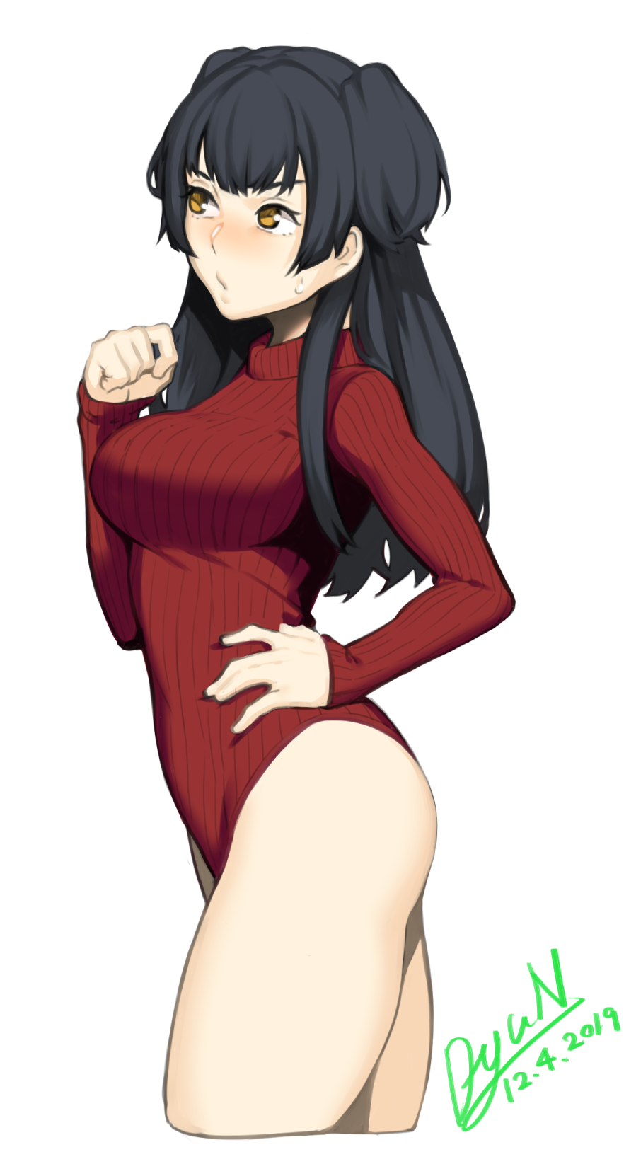 1girl black_hair blush breasts closed_mouth cowboy_shot dated dyun from_side hand_on_hip hand_up highres idolmaster idolmaster_shiny_colors large_breasts leotard long_hair long_sleeves mayuzumi_fuyuko ribbed_leotard signature sleeves_past_wrists solo sweatdrop two_side_up yellow_eyes