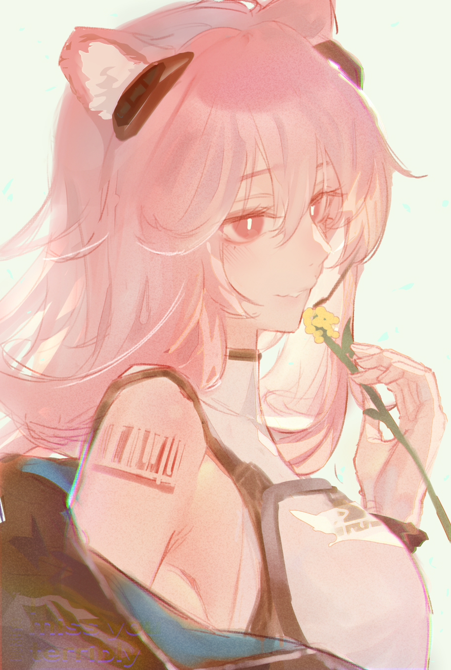 1girl animal_ears arknights atianshi blush bright_pupils flower from_side gravel_(arknights) hair_between_eyes headgear highres holding holding_flower off_shoulder pale_color parted_lips pink_eyes pink_hair shoulder_tattoo simple_background smile solo tattoo upper_body white_background white_pupils yellow_flower