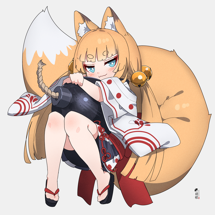 1girl animal_ear_fluff animal_ears bell bike_shorts black_footwear black_shorts blue_eyes blush bomb brown_hair closed_mouth commentary commission fang fang_out fox_ears fox_girl fox_tail full_body grey_background hair_bell hair_ornament japanese_clothes jingle_bell kimono knees_up kuro_kosyou long_hair object_hug original short_eyebrows short_shorts short_sleeves shorts simple_background sitting skeb_commission smile solo tail thick_eyebrows very_long_hair white_kimono wide_sleeves zouri