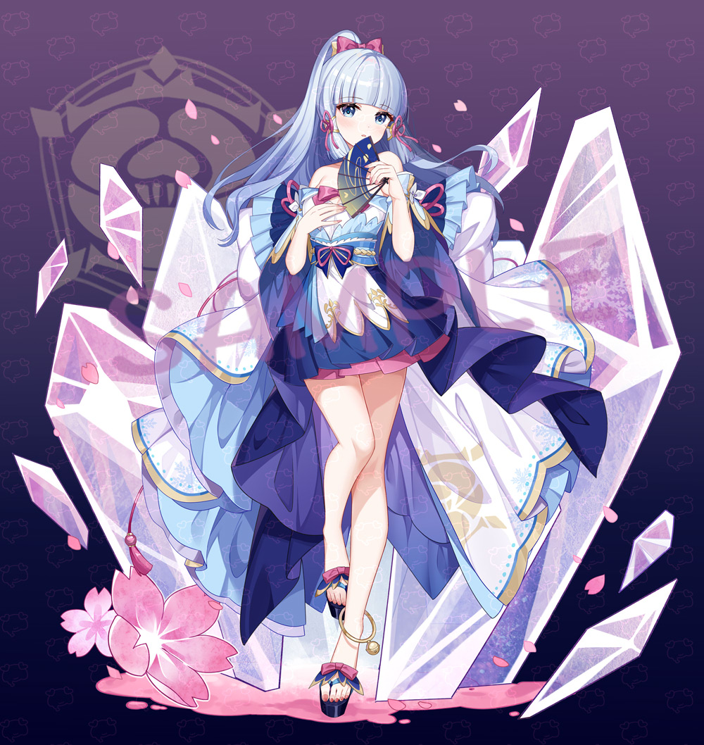 1girl bangs blue_dress blue_eyes blue_hair blunt_bangs dress full_body genshin_impact gou_lianlian_dogface hair_ornament japanese_clothes kamisato_ayaka kimono long_hair looking_at_viewer ponytail sidelocks