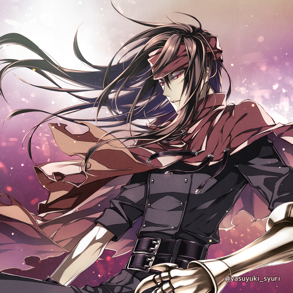 1boy belt black_hair cloak final_fantasy final_fantasy_vii frown gauntlets headband long_hair looking_to_the_side red_eyes shuri_yasuyuki sleeves_rolled_up torn_clothes vincent_valentine wind