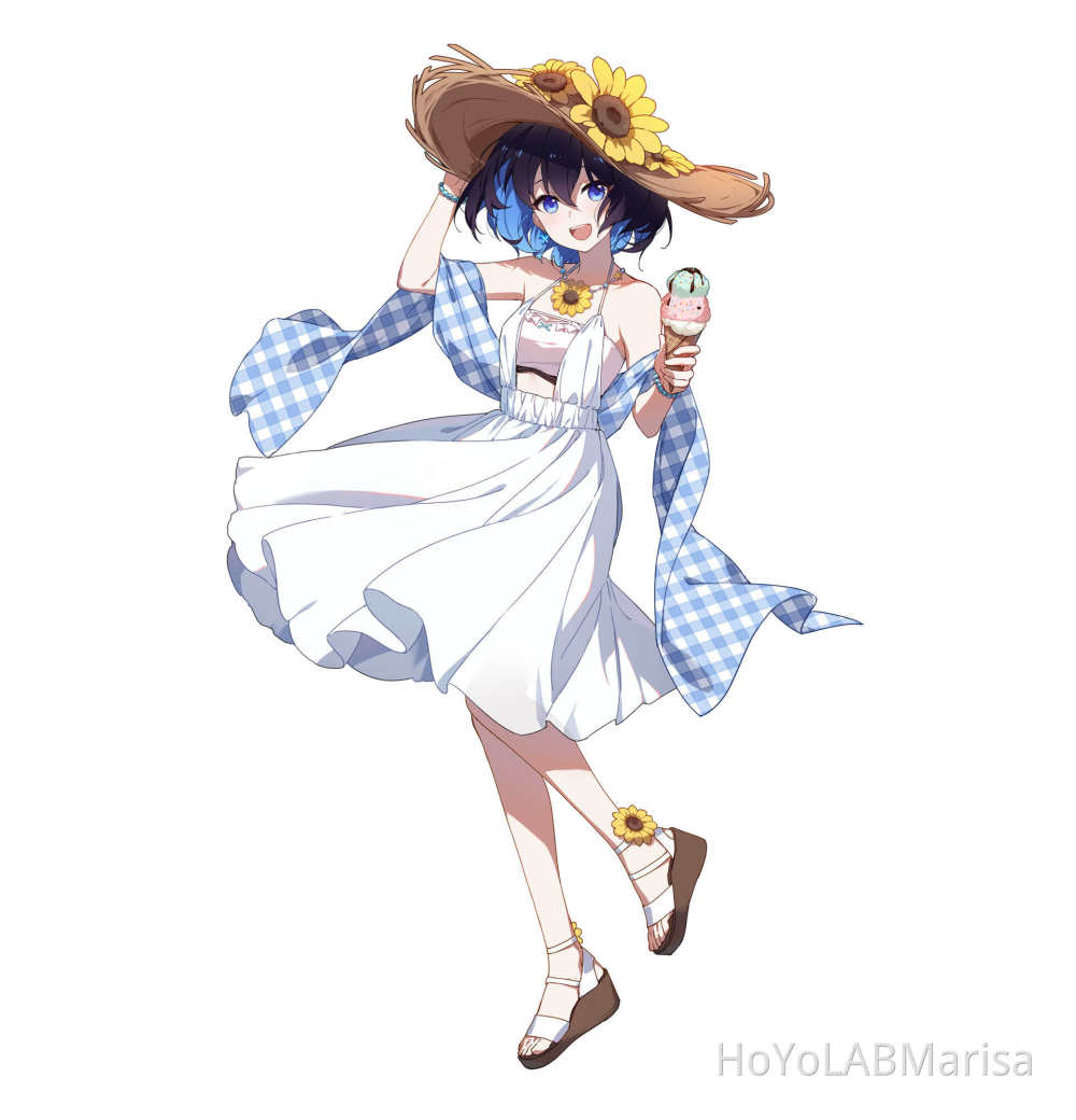 1girl :d bangs bare_shoulders blue_eyes blue_hair bracelet dress flower food hair_between_eyes hat holding holding_clothes holding_hat honkai_(series) honkai_impact_3rd ice_cream jewelry looking_at_viewer open_mouth sandals seele_vollerei short_hair simple_background sleeveless slyvia smile solo straw_hat sundress sunflower white_background white_dress