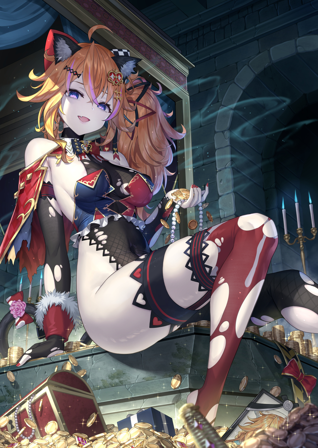 1girl :d ahoge animal_ears bare_shoulders beads black_gloves black_leotard bow breasts candle capelet cat_ears cat_tail covered_navel crop_top detached_collar elbow_gloves fang frills fur_trim gloves gold_coin hair_ornament hairclip hand_up highleg highleg_leotard highres indoors leotard long_hair looking_at_viewer matanonki medium_breasts multicolored_hair nail_polish nijisanji open_mouth orange_hair otogibara_era red_legwear side_ponytail sideboob sitting smile solo strapless streaked_hair tail tail_bow tail_ornament thigh-highs thighs torn_clothes torn_gloves torn_legwear torn_leotard treasure treasure_chest turtleneck violet_eyes virtual_youtuber wrist_cuffs