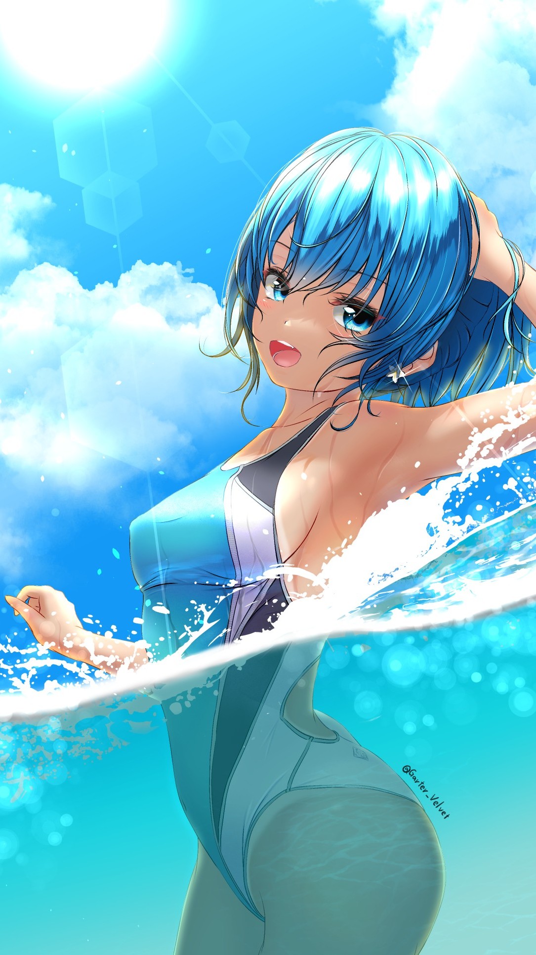 1girl armpits blue_eyes blue_hair blue_sky breasts clouds commentary_request competition_swimsuit cowboy_shot day garter-velvet highres jacket medium_breasts one-piece_swimsuit open_clothes open_jacket original partially_submerged short_hair sideboob simple_background sky solo swimsuit twitter_username two-tone_swimsuit water white_background