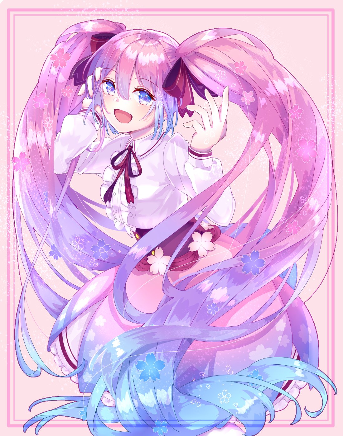1girl :d bangs blue_eyes blue_hair bow character_request collared_shirt dress_shirt eyebrows_visible_through_hair floating_hair gradient_hair hair_between_eyes hair_bow highres layered_skirt long_hair long_sleeves multicolored_hair neck_ribbon open_mouth pikata pink_hair red_bow red_ribbon ribbon shiny shiny_hair shirt skirt smile solo twintails very_long_hair white_shirt wing_collar