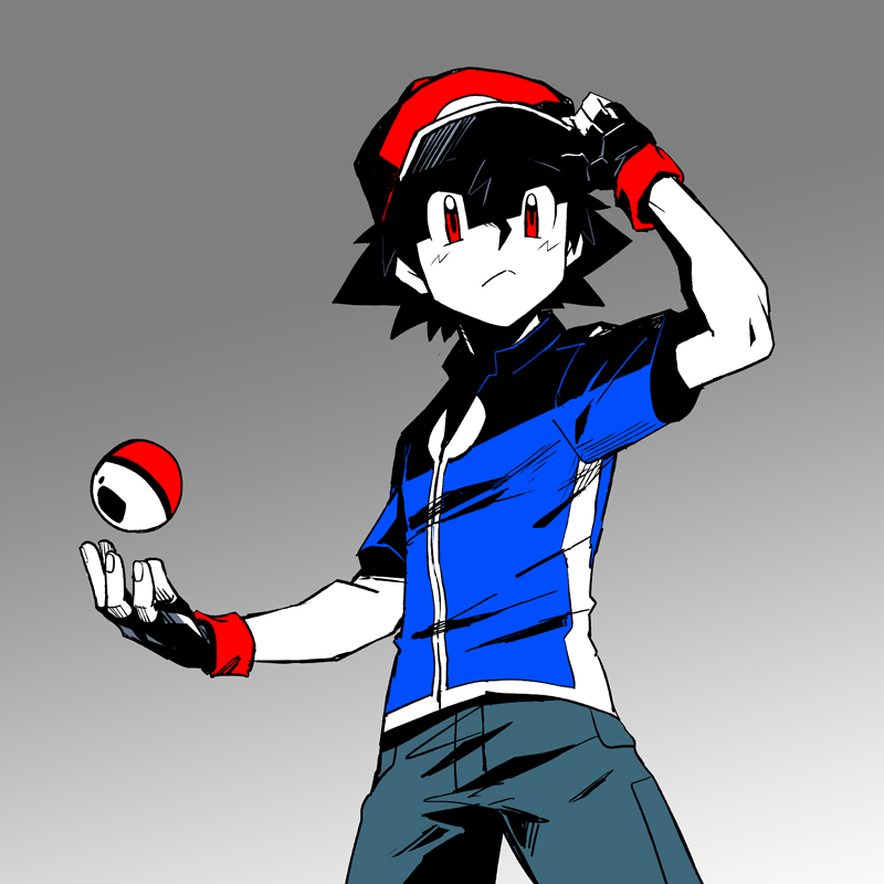 1boy ash_ketchum bangs baseball_cap black_gloves black_hair blue_jacket closed_mouth commentary_request dododo_dadada fingerless_gloves frown gloves gradient gradient_background hand_on_headwear hat jacket male_focus pants poke_ball poke_ball_(basic) pokemon pokemon_(anime) pokemon_xy_(anime) red_eyes red_headwear short_hair short_sleeves solo