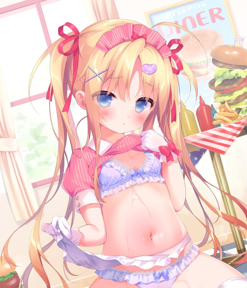 1girl :o american_flag apron bangs blonde_hair blue_eyes blush bow bow_bra bow_panties bra breasts burger clothes_lift collared_shirt commentary_request curtains eyebrows_visible_through_hair fast_food food french_fries frilled_apron frilled_bra frilled_panties frills gloves hair_between_eyes hair_ornament hair_ribbon hairclip hand_up heart heart_hair_ornament indoors lifted_by_self lingerie long_hair looking_at_viewer navel original panties parted_bangs parted_lips pink_shirt piyodera_mucha puffy_short_sleeves puffy_sleeves purple_bra purple_panties red_bow red_ribbon ribbon shirt shirt_lift short_sleeves small_breasts solo striped striped_shirt sweat table thigh-highs twintails underwear vertical-striped_shirt vertical_stripes very_long_hair waist_apron white_apron white_gloves white_legwear window x_hair_ornament