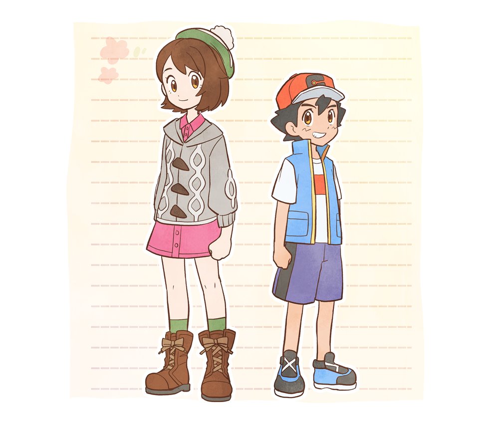 1boy 1girl arm_at_side ash_ketchum baseball_cap black_hair blue_jacket bob_cut boots brown_eyes brown_footwear brown_hair buttons cable_knit cardigan closed_mouth collared_dress commentary_request dododo_dadada dress gloria_(pokemon) green_headwear green_legwear grey_cardigan grin hat height_difference jacket knees pink_dress pokemon pokemon_(anime) pokemon_(game) pokemon_swsh pokemon_swsh_(anime) red_headwear shirt shoes short_hair short_sleeves shorts sleeveless sleeveless_jacket smile socks standing t-shirt tam_o'_shanter teeth white_shirt