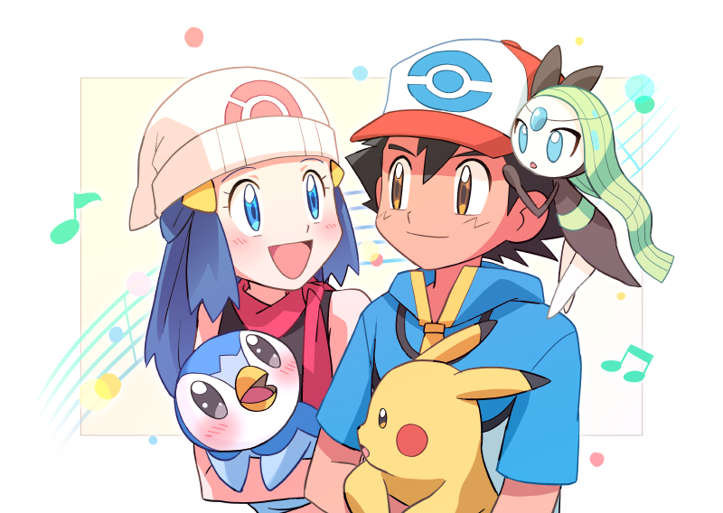 1boy 1girl ash_ketchum bangs bare_arms baseball_cap beanie black_hair blue_eyes blue_hair blue_jacket blush brown_eyes closed_mouth commentary_request hikari_(pokemon) dododo_dadada eyelashes gen_1_pokemon gen_4_pokemon gen_5_pokemon hat holding holding_pokemon jacket meloetta musical_note mythical_pokemon open_mouth pikachu piplup pokemon pokemon_(anime) pokemon_(creature) pokemon_bw_(anime) red_headwear scarf shirt short_hair sleeveless sleeveless_shirt smile starter_pokemon tongue upper_body white_headwear zipper_pull_tab