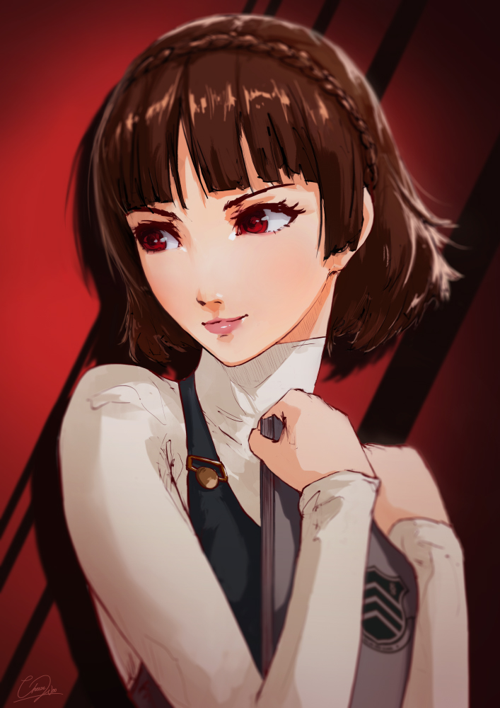 1girl bangs black_vest blunt_bangs braid brown_hair cheesewoo closed_mouth crown_braid holding long_sleeves looking_to_the_side niijima_makoto persona persona_5 pink_lips red_background red_eyes shiny shiny_hair shirt short_hair shuujin_academy_uniform signature smile solo turtleneck vest white_shirt