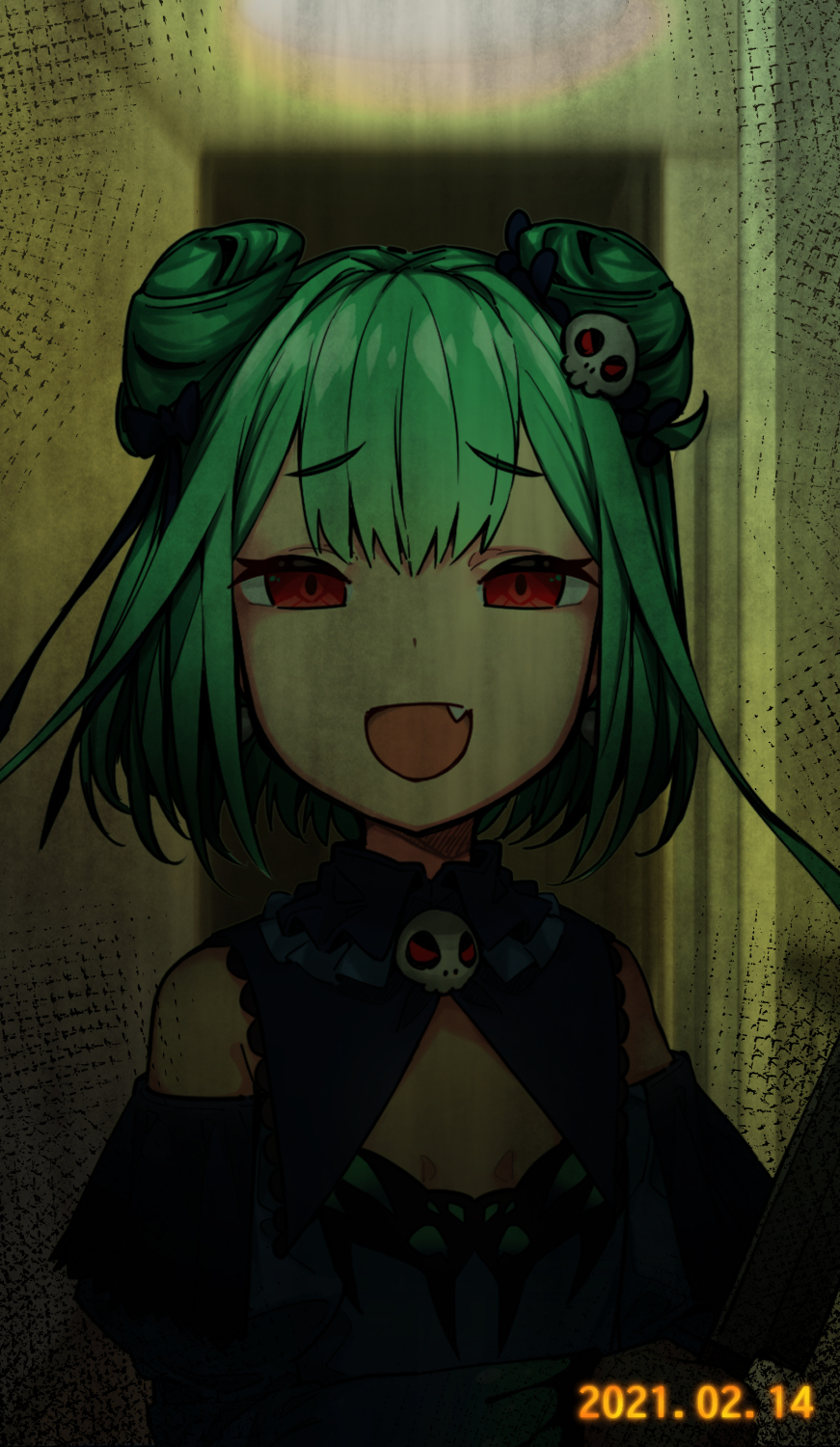 1girl blue_dress ceiling_light commentary_request dated double_bun dress empty_eyes fang flat_chest green_hair hallway highres hololive horror_(theme) looking_at_viewer open_mouth red_eyes refrigerator smile solo tenbin_gashira upper_body uruha_rushia virtual_youtuber