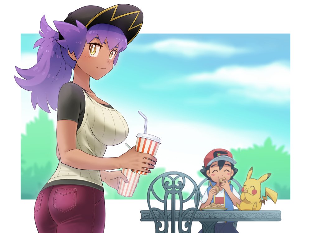 1boy 1girl alternate_costume ash_ketchum bangs baseball_cap blue_jacket blush breasts bright_pupils chair closed_eyes closed_mouth commentary_request cup dark-skinned_female dark_skin disposable_cup dododo_dadada drinking_straw eating food gen_1_pokemon genderswap genderswap_(mtf) hat holding holding_cup holding_food jacket leon_(pokemon) long_hair looking_at_viewer looking_back pants pikachu pokemon pokemon_(anime) pokemon_(creature) pokemon_swsh_(anime) ponytail purple_hair red_headwear red_pants shirt short_sleeves sleeveless sleeveless_jacket smile t-shirt table white_pupils white_shirt yellow_eyes