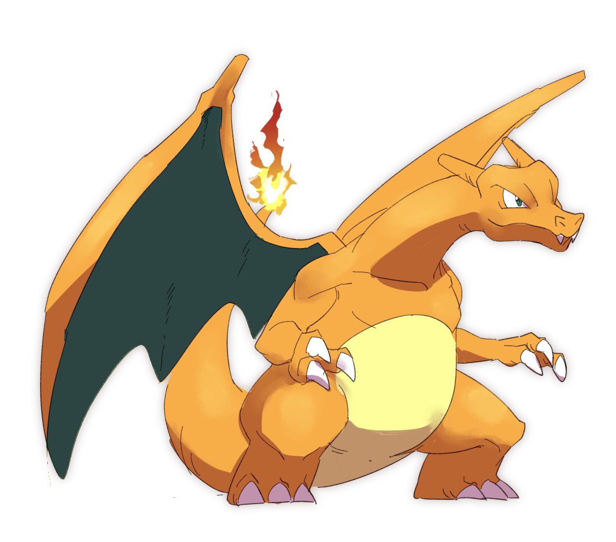 charizard claws closed_mouth commentary_request fangs fangs_out fire flame full_body gen_1_pokemon green_eyes legs_apart morio_(poke_orio) no_humans pokemon pokemon_(creature) simple_background smile solo standing white_background