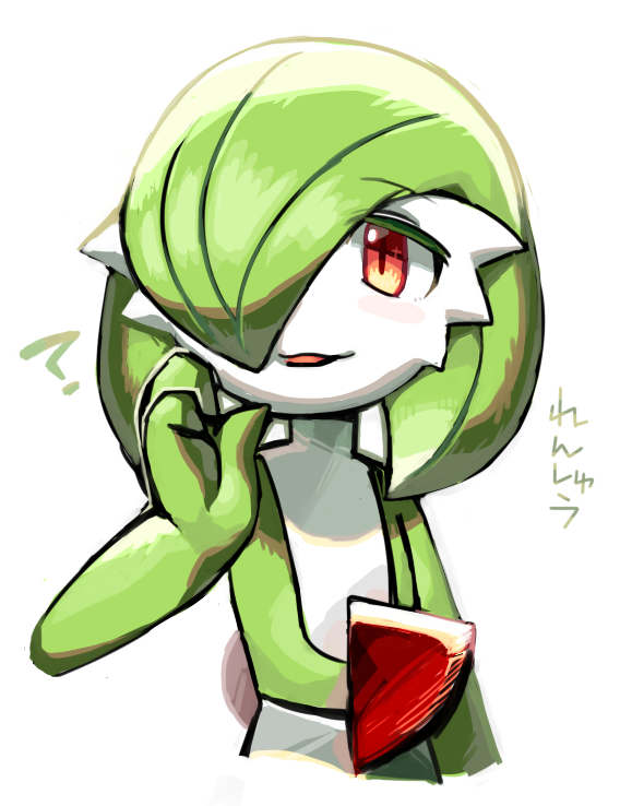 1girl :3 ? bangs blush blush_stickers bob_cut colored_skin commentary eyebrows_visible_through_hair flat_chest gardevoir gen_3_pokemon green_hair green_skin hair_over_one_eye hand_up happy lotosu multicolored multicolored_skin open_mouth pokemon pokemon_(creature) red_eyes shiny shiny_hair short_hair simple_background sketch smile solo talking translation_request two-tone_skin upper_body white_background white_skin