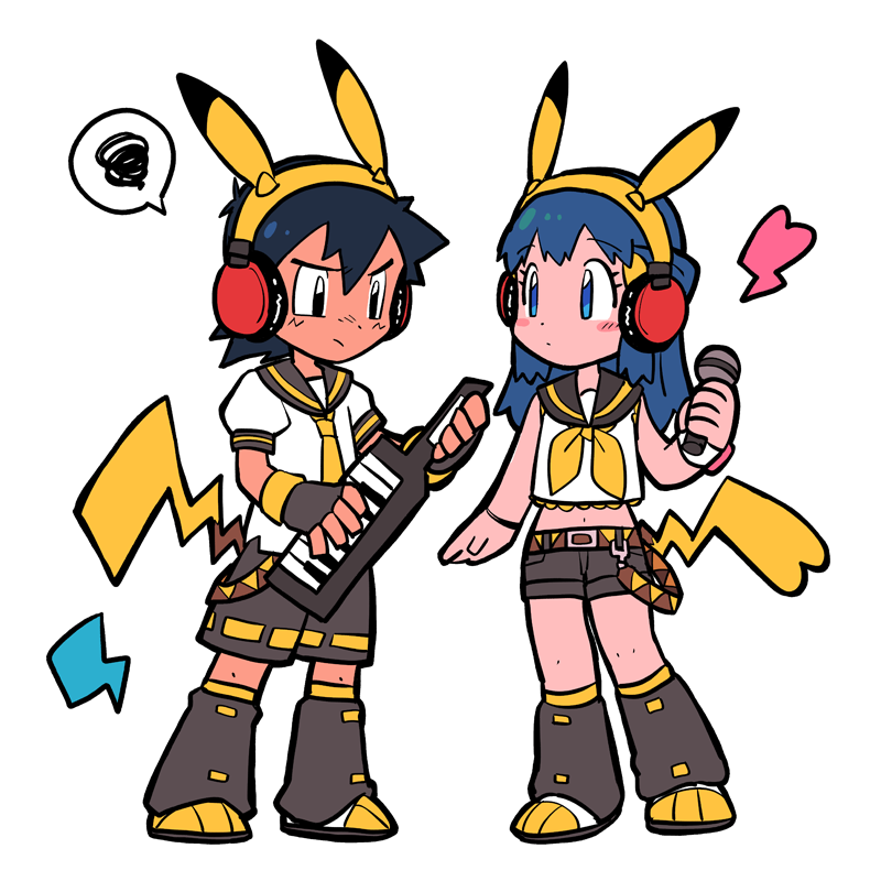 1boy 1girl alternate_costume ash_ketchum bangs black_hair blue_eyes blue_hair blush_stickers brown_legwear brown_shorts closed_mouth commentary_request dododo_dadada eyelashes fingerless_gloves gloves hairband headphones heart hikari_(pokemon) holding holding_instrument holding_microphone instrument kagamine_len_(cosplay) kagamine_rin_(cosplay) keyboard_(instrument) leg_warmers long_hair microphone navel pokemon pokemon_(anime) pokemon_dppt_(anime) pokemon_ears pokemon_tail shirt shoes short_hair short_sleeves shorts spoken_squiggle squiggle standing tail white_shirt yellow_hairband