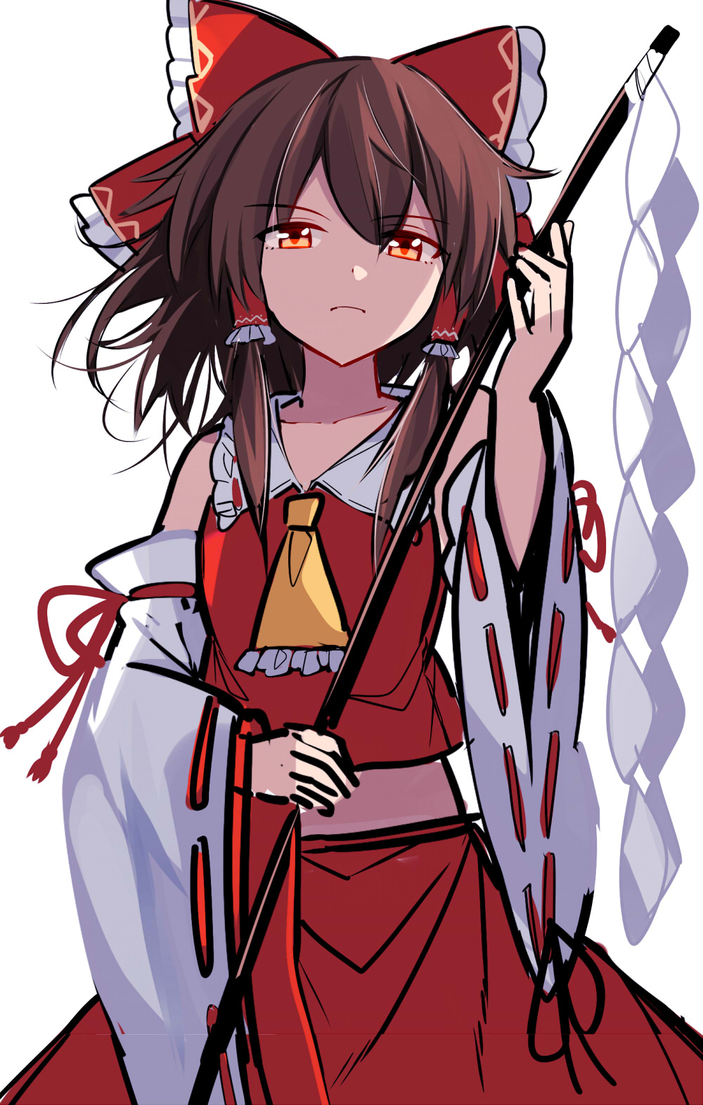 1girl bangs bare_shoulders bow brown_hair closed_mouth collar detached_sleeves e.o. eyebrows_visible_through_hair eyes_visible_through_hair gohei hair_between_eyes hair_tubes hakurei_reimu hands_up highres light long_sleeves looking_at_viewer orange_eyes red_bow red_shirt red_skirt shadow shirt short_hair simple_background sketch skirt solo touhou white_background white_sleeves yellow_neckwear