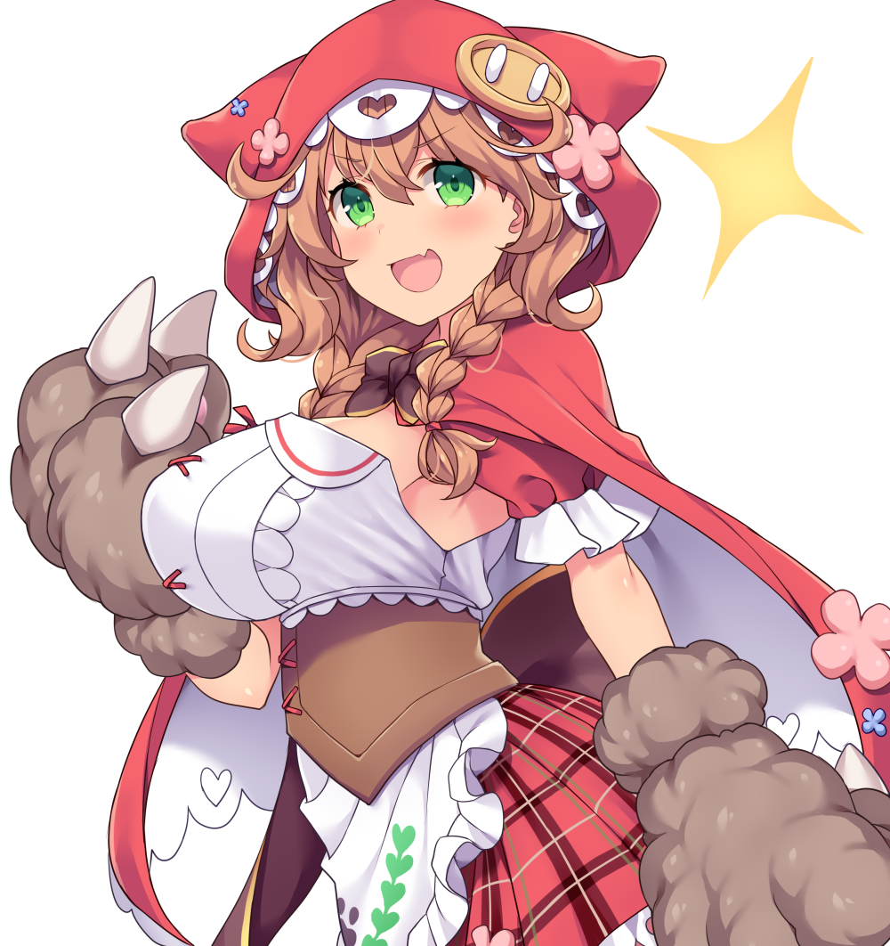 1girl :d amane_hasuhito braid breasts brown_hair cape eyebrows_visible_through_hair fang gloves green_eyes large_breasts looking_at_viewer nijisanji open_mouth paw_gloves paws plaid plaid_skirt red_cape red_hood red_skirt simple_background skin_fang skirt smile solo twin_braids virtual_youtuber warabeda_meijii white_background