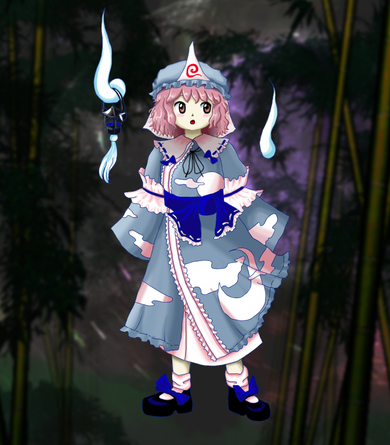 1girl bangs blue_bow blue_footwear blue_headwear blue_kimono blurry blurry_background bow cloud_print footwear_bow forest full_body hat hitodama japanese_clothes kimono long_sleeves looking_at_viewer mob_cap nature official_style open_mouth otohime_tw outdoors pink_eyes pink_hair saigyouji_yuyuko short_hair solo standing touhou triangular_headpiece white_legwear wide_sleeves zun_(style)
