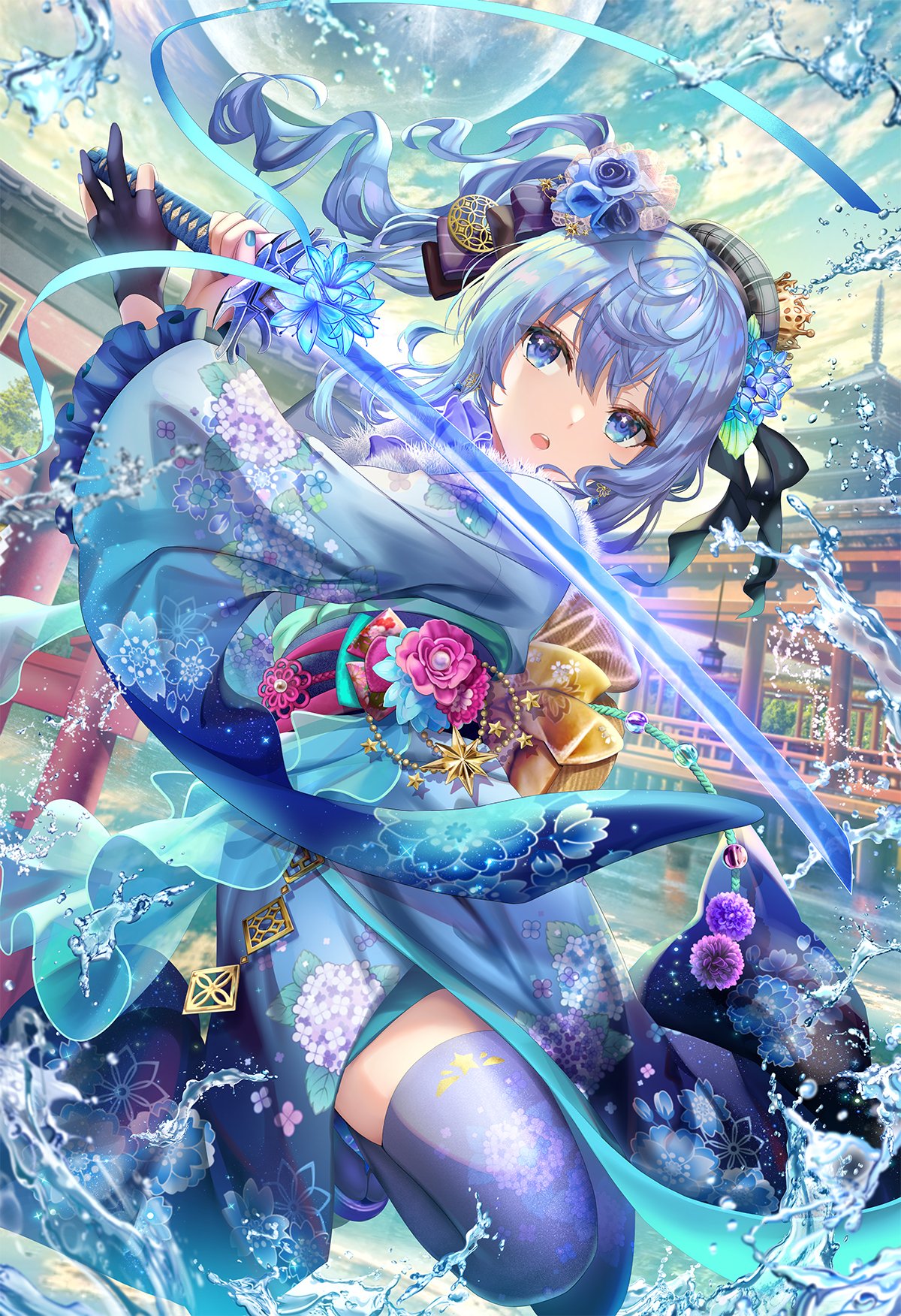 1girl alternate_costume blue_eyes blue_flower blue_hair blue_nails blue_ribbon blue_rose fingerless_gloves floating_hair floral_print flower gloves hair_flower hair_ornament hair_ribbon highres holding holding_sword holding_weapon hololive hoshimachi_suisei japanese_clothes kimono obi open_mouth pagoda pink_flower pink_rose plaid_headwear pond ribbon rose sash solo spinning star_(symbol) star_in_eye sword symbol_in_eye thigh-highs torino_akua virtual_youtuber water water_drop weapon