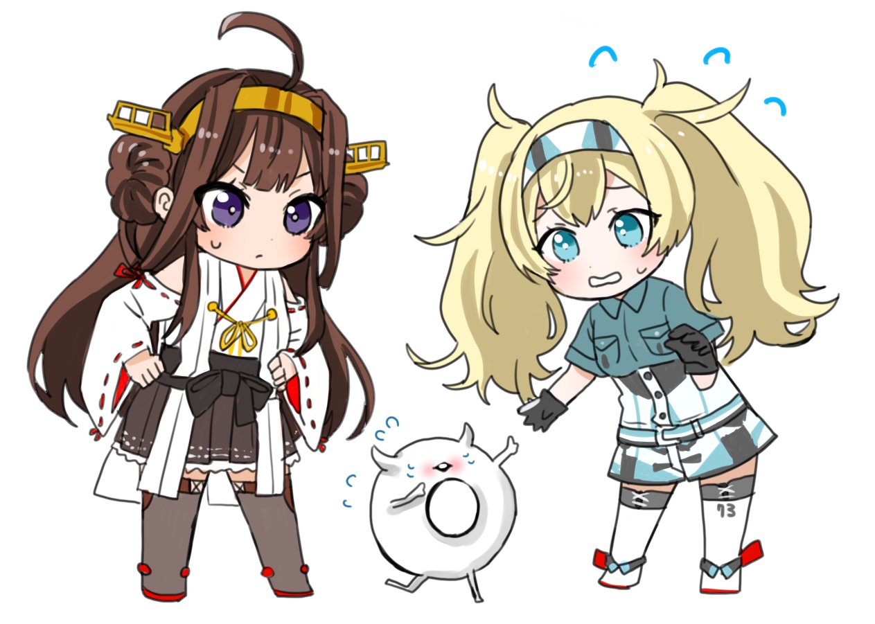 2girls ahoge bangs blonde_hair blue_eyes breast_pocket brown_hair chibi closed_mouth detached_sleeves double_bun enemy_lifebuoy_(kancolle) flying_sweatdrops gambier_bay_(kancolle) hairband hands_on_hips headgear kantai_collection kongou_(kancolle) long_hair machi_(ritovoyage) multiple_girls nontraditional_miko open_mouth pleated_skirt pocket ribbon-trimmed_sleeves ribbon_trim shorts simple_background skirt standing sweat thigh-highs twintails violet_eyes white_background wide_sleeves