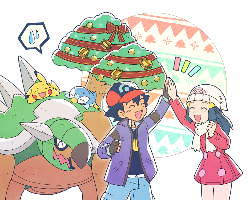 1boy 1girl arm_up ash_ketchum bangs baseball_cap beanie black_hair blue_pants blush christmas coat commentary_request hikari_(pokemon) dododo_dadada eyelashes fingerless_gloves gen_1_pokemon gen_4_pokemon gloves hair_ornament hairclip hat high_five jacket long_hair long_sleeves lying notice_lines on_stomach open_clothes open_jacket open_mouth pants pikachu piplup pokemon pokemon_(anime) pokemon_(creature) pokemon_dppt_(anime) red_coat red_headwear scarf short_hair smile sweatdrop tongue torterra tree white_headwear white_scarf winter_clothes |d