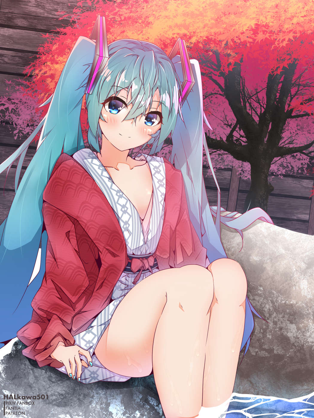 1girl aqua_nails artist_name bangs blue_eyes blue_hair blush closed_mouth eyebrows_visible_through_hair hair_between_eyes hair_ornament halkawa501 haori hatsune_miku highres japanese_clothes kimono long_hair long_sleeves looking_at_viewer nail_polish print_kimono shiny shiny_hair sitting smile soaking_feet solo twintails very_long_hair vocaloid watermark white_kimono yukata