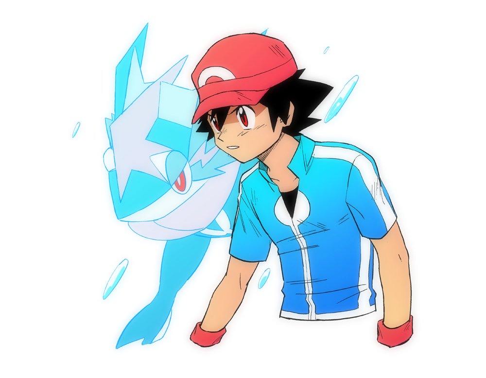 1boy ash-greninja ash_ketchum bangs baseball_cap black_hair black_shirt blue_jacket collarbone commentary_request dododo_dadada gen_6_pokemon greninja hair_between_eyes hat jacket male_focus parted_lips pokemon pokemon_(anime) pokemon_(creature) pokemon_xy_(anime) red_eyes red_headwear shirt short_hair short_sleeves spiky_hair upper_body white_background