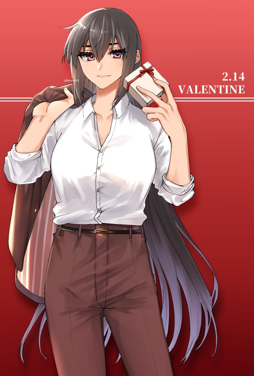 1girl alternate_costume bangs black_hair box breasts brown_jacket brown_pants closed_mouth dated eyelashes gift gift_box hair_between_eyes highres holding holding_clothes holding_gift holding_jacket jacket jacket_over_shoulder kantai_collection large_breasts long_hair machi_(ritovoyage) nagato_(kancolle) pants red_background red_eyes shirt simple_background solo twitter_username valentine very_long_hair white_shirt