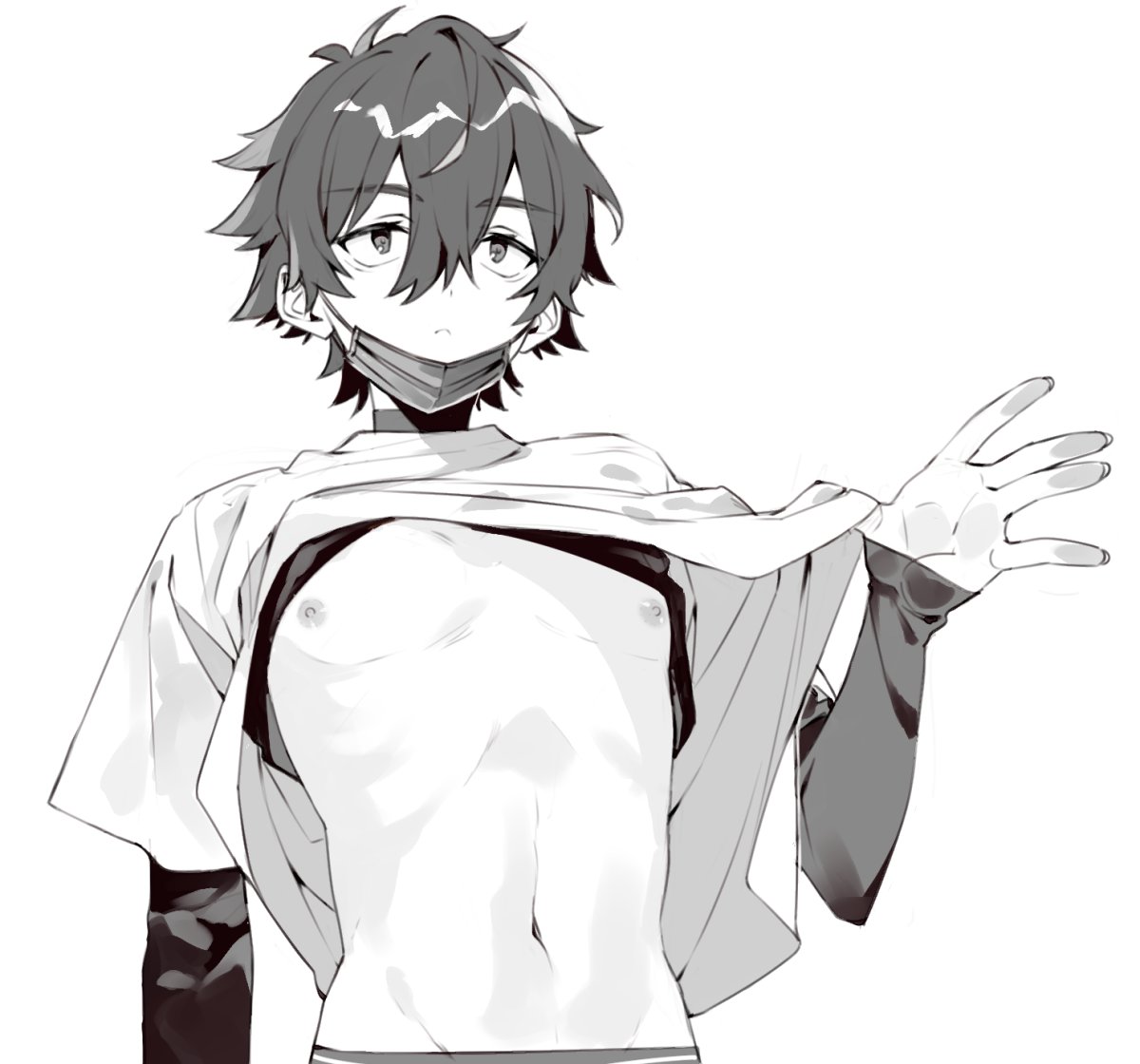 1boy closed_mouth clothes_lift eyebrows_visible_through_hair greyscale hair_between_eyes lifted_by_self male_focus mask mask_pull mobu_45 monochrome navel nipples original shirt_lift simple_background sleeves_past_wrists solo upper_body wide_sleeves