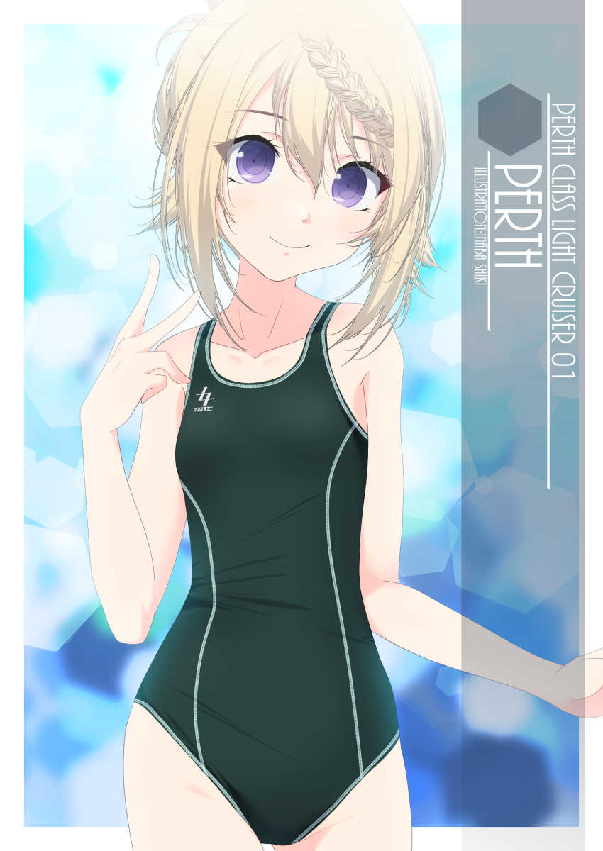 1girl artist_name blonde_hair braid braided_bun character_name competition_swimsuit cowboy_shot flat_chest green_swimsuit highres inaba_shiki kantai_collection logo long_hair looking_at_viewer one-hour_drawing_challenge one-piece_swimsuit perth_(kancolle) smile solo standing swimsuit violet_eyes