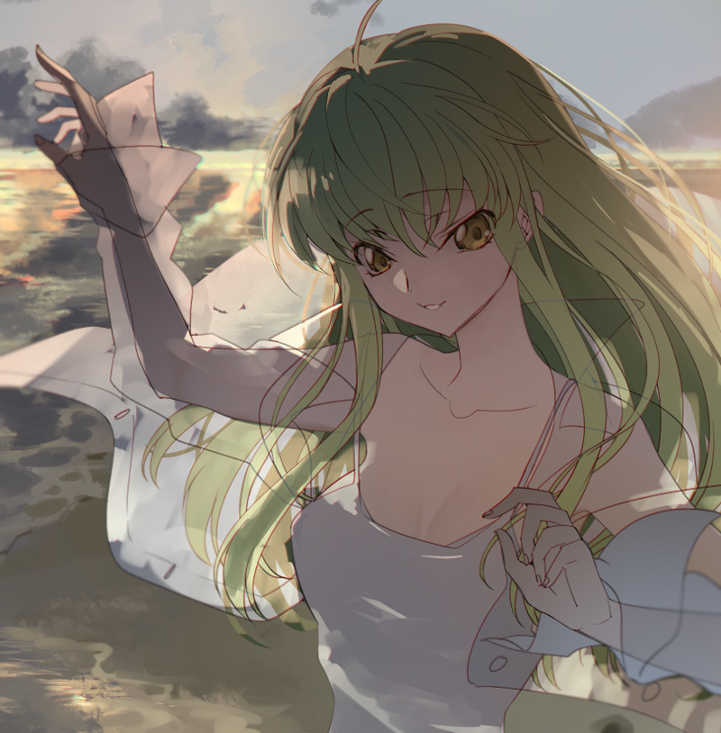 1girl bangs c.c. clouds code_geass collarbone creayus dress eyebrows_visible_through_hair green_hair long_hair looking_at_viewer outdoors see-through_sleeves sky smile solo sunset symbol_commentary upper_body white_dress yellow_eyes