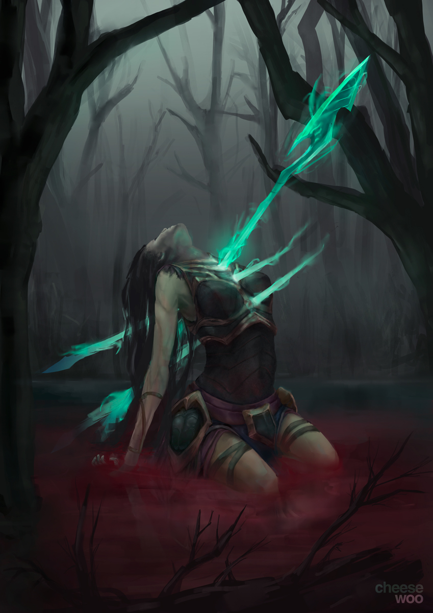 1girl armor artist_name bare_tree black_hair blood breastplate cheesewoo dying energy_spear faulds fog full_body highres impaled kalista kneeling league_of_legends leather_armor long_hair polearm pool_of_blood reflective_floor solo spear tree weapon