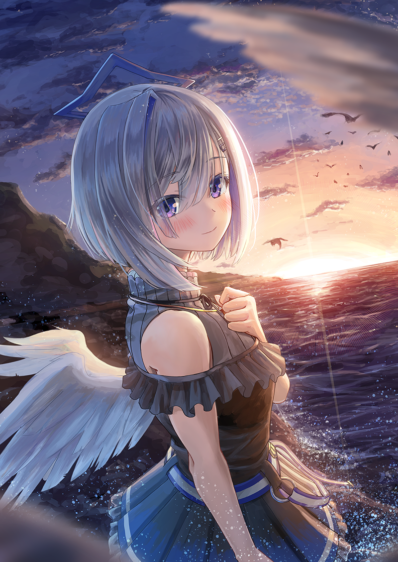 1girl amane_kanata angel_wings bangs bare_shoulders bird black_shirt blue_skirt blush clouds cloudy_sky commentary_request dawn eyebrows_visible_through_hair frilled_skirt frills hair_between_eyes hair_ornament hairclip halo hololive jewelry looking_at_viewer looking_back necklace ocean pleated_skirt shirt short_hair silver_hair skirt sky sleeveless sleeveless_shirt smile solo swept_bangs violet_eyes virtual_youtuber waves windfeathers wings
