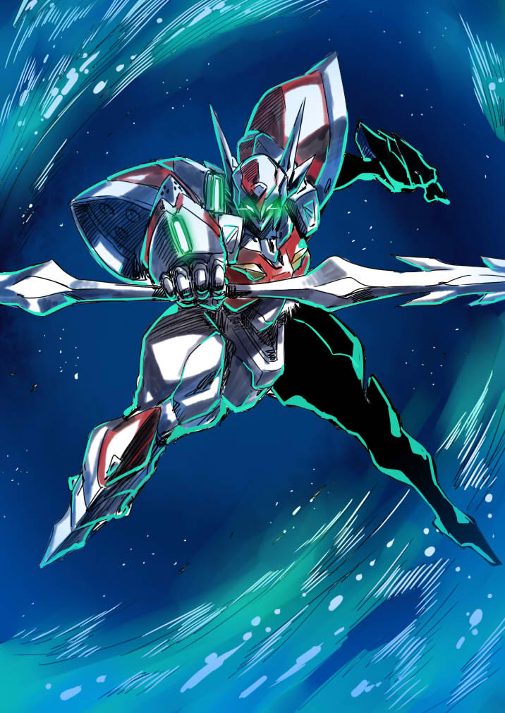 1990s_(style) 1boy d-boy double-blade full_body glowing glowing_eyes green_eyes holding holding_lance holding_polearm holding_weapon lance looking_at_viewer mecha polearm power_armor retro_artstyle science_fiction solo space sword tekkaman_blade tukiwani weapon