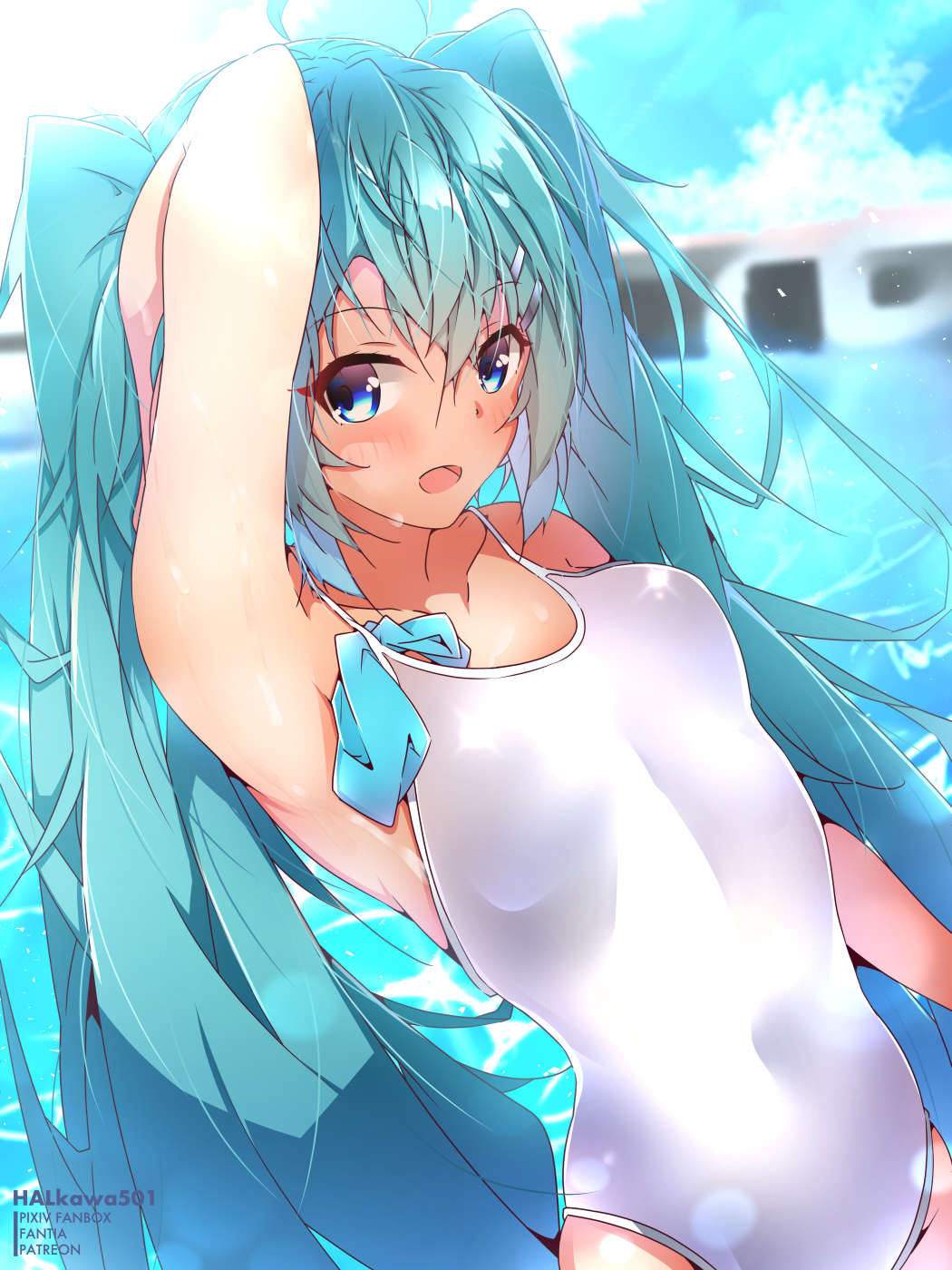 1girl :d ahoge arm_up artist_name bangs blue_eyes blue_hair blurry blurry_background blush breasts collarbone day eyebrows_visible_through_hair hair_between_eyes halkawa501 hatsune_miku highres long_hair looking_at_viewer open_mouth outdoors school_swimsuit shiny shiny_hair small_breasts smile solo spaghetti_strap standing swimsuit twintails very_long_hair vocaloid watermark white_swimsuit