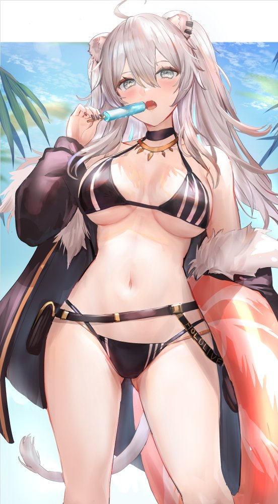 1girl ahoge animal_ears ass_visible_through_thighs bangs bare_shoulders belt bikini black_belt black_bikini black_choker black_jacket blue_sky blush breasts choker commentary_request day food fur-trimmed_jacket fur_trim grey_eyes hair_between_eyes hand_up holding holding_food hololive jacket jewelry large_breasts lion_ears lion_tail long_hair looking_at_viewer navel necklace off_shoulder open_clothes open_jacket open_mouth popsicle qian_wu_atai shishiro_botan silver_hair sky solo standing stomach swimsuit tail thighs