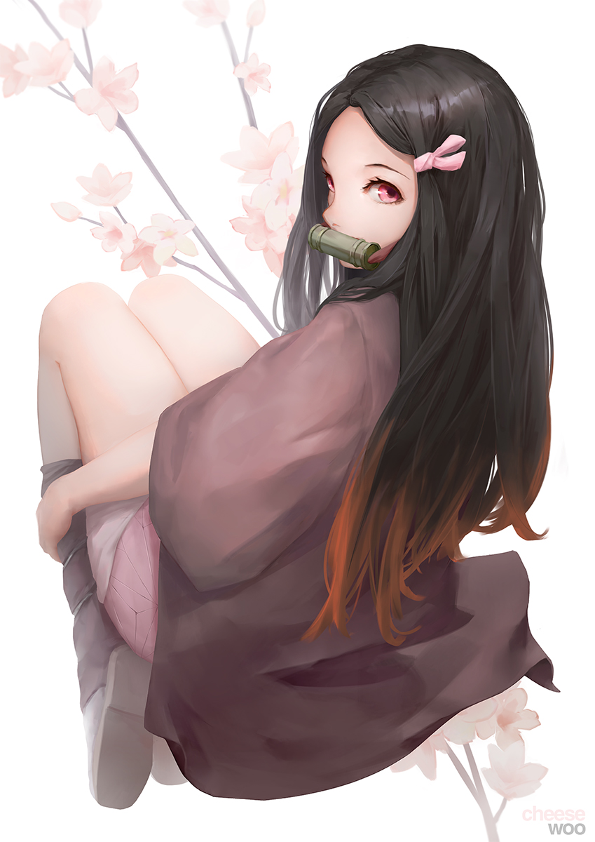 1girl artist_name bit_gag black_hair black_legwear brown_hair cheesewoo flower full_body gag gradient_hair hair_ribbon haori highres japanese_clothes kamado_nezuko kimetsu_no_yaiba kimono looking_at_viewer looking_back multicolored_hair pink_flower pink_kimono pink_ribbon print_kimono red_eyes ribbon short_kimono solo white_background