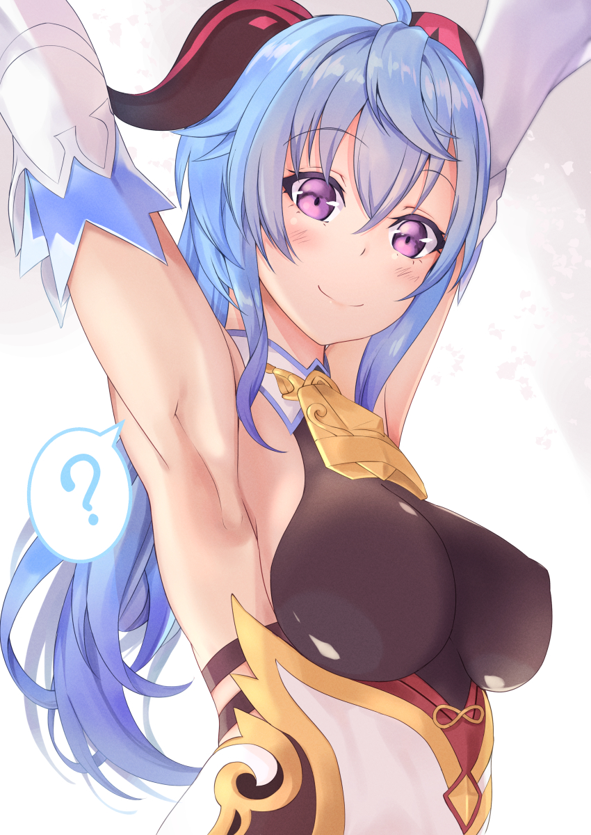 ? armpits bangs bare_shoulders bell blue_hair breasts cowbell detached_sleeves ganyu_(genshin_impact) genshin_impact ginger_l goat_horns gold_trim highres horns long_hair looking_at_viewer medium_breasts outstretched_arms solo speech_bubble violet_eyes