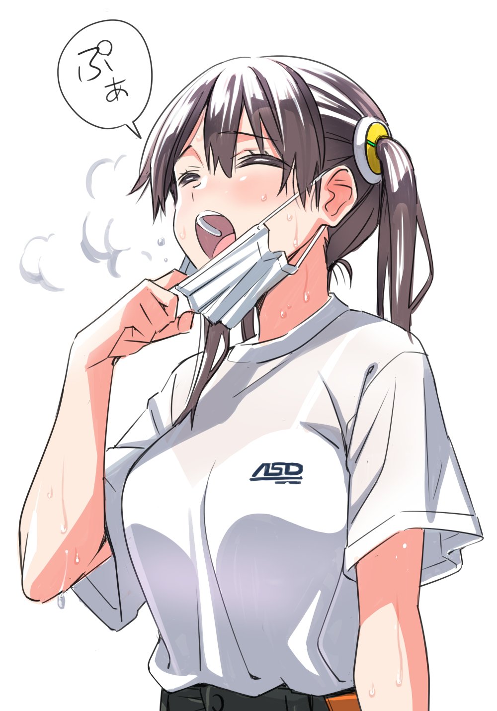 1girl ^_^ bangs blush breasts brown_hair closed_eyes eyebrows_visible_through_hair hair_behind_ear heavy_breathing highres mask mask_pull medium_breasts mouth_mask original shirt shirt_tucked_in solo speech_bubble suzutsuki_kurara sweat t-shirt translation_request twintails upper_body white_background white_shirt