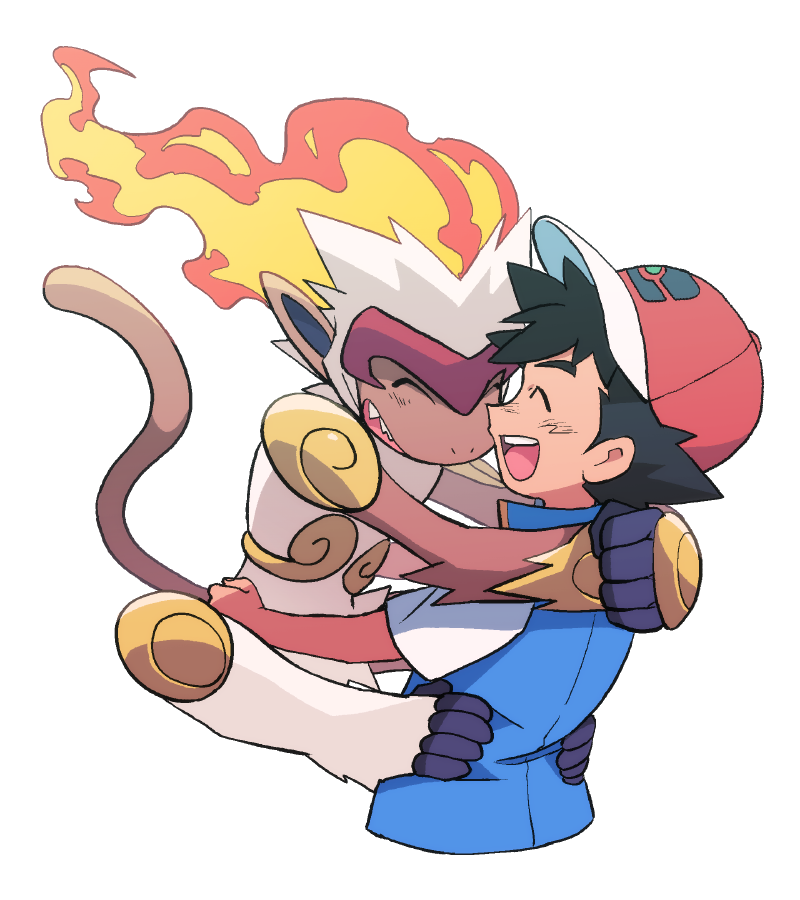 1boy ash_ketchum bangs baseball_cap black_hair blue_jacket closed_eyes commentary_request dododo_dadada fire gen_4_pokemon happy hat hug infernape jacket male_focus open_mouth pokemon pokemon_(anime) pokemon_(creature) pokemon_swsh_(anime) red_headwear shirt short_hair short_sleeves simple_background sleeveless sleeveless_jacket smile tongue upper_teeth white_background white_shirt |d