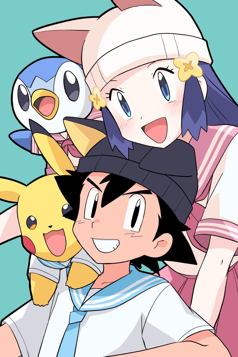 1boy 1girl :d ash_ketchum bangs beanie black_eyes black_hair blue_eyes blush clothed_pokemon commentary_request hikari_(pokemon) dododo_dadada eyelashes gen_1_pokemon gen_4_pokemon green_background grin hat highres long_hair looking_at_viewer open_mouth pikachu piplup pokemon pokemon_(anime) pokemon_(creature) pokemon_dppt_(anime) sailor_collar shirt short_hair short_sleeves skirt smile starter_pokemon teeth tongue white_headwear white_shirt