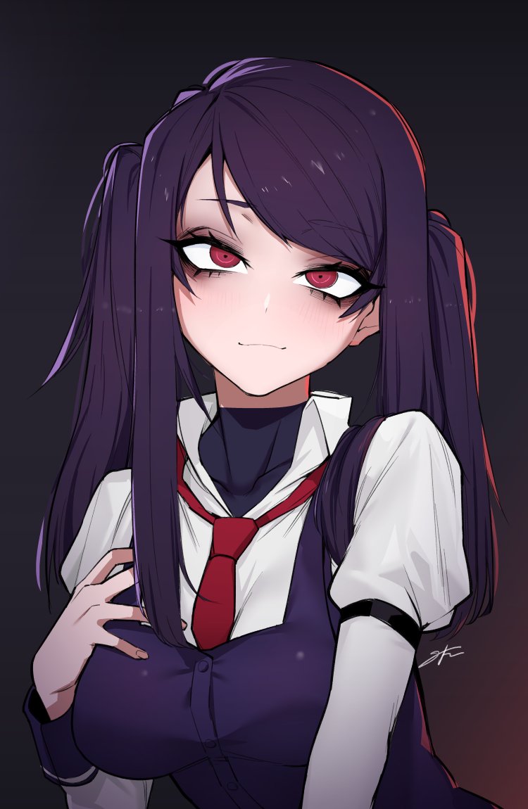 1girl bangs bartender blush breasts english_commentary eyeshadow fingernails hand_on_own_chest j.k. jill_stingray juliet_sleeves long_hair long_sleeves makeup necktie puffy_sleeves purple_hair red_eyes shirt signature solo swept_bangs twintails upper_body va-11_hall-a vest white_shirt