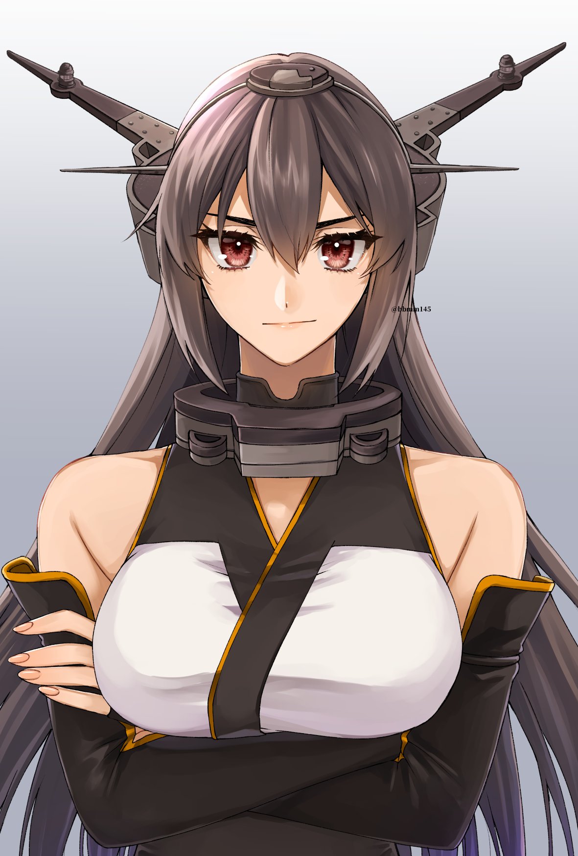 1girl bangs black_hair breasts closed_mouth crossed_arms elbow_gloves eyelashes fingerless_gloves gloves gradient gradient_background grey_background hair_between_eyes headgear highres kantai_collection large_breasts long_hair looking_at_viewer machi_(ritovoyage) nagato_(kancolle) red_eyes simple_background solo twitter_username upper_body very_long_hair