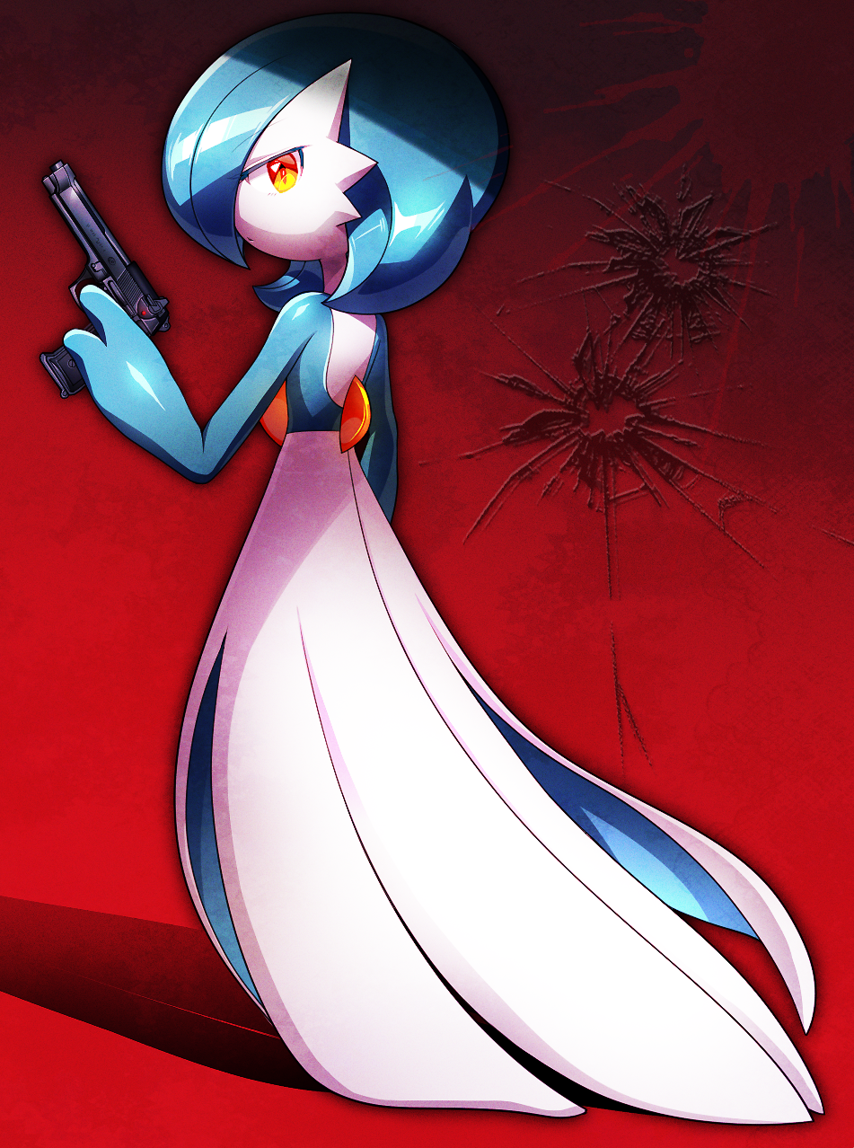 1girl alternate_color back bangs beretta_m9 blood blood_splatter blue_hair blue_skin bob_cut bullet_hole closed_mouth colored_skin commentary expressionless from_behind full_body gardevoir gen_3_pokemon gradient gradient_background gun half-closed_eyes hand_up handgun highres holding holding_gun holding_weapon looking_back lotosu multicolored multicolored_skin orange_eyes pokemon pokemon_(creature) red_background shiny shiny_hair shiny_pokemon shiny_skin short_hair solo standing two-tone_skin weapon white_skin