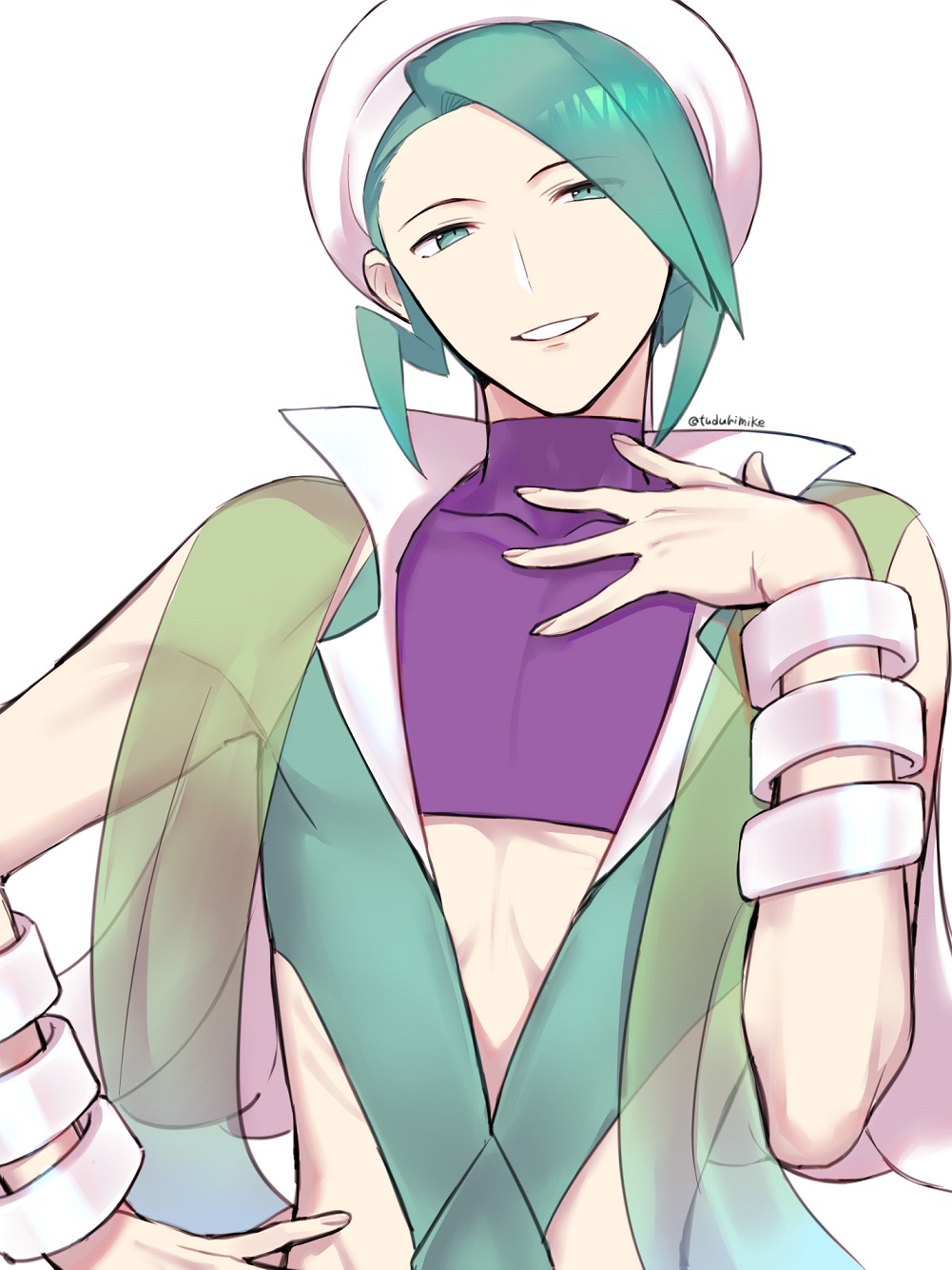 1boy bangle bracelet commentary_request covered_collarbone crop_top green_hair gym_leader hand_on_hip hand_up hat high_collar highres jewelry male_focus midriff parted_lips pokemon pokemon_(game) pokemon_oras purple_shirt shiny shiny_hair shirt skin_tight sleeveless sleeveless_shirt smile solo translation_request tudurimike twitter_username upper_body wallace_(pokemon) white_background white_headwear